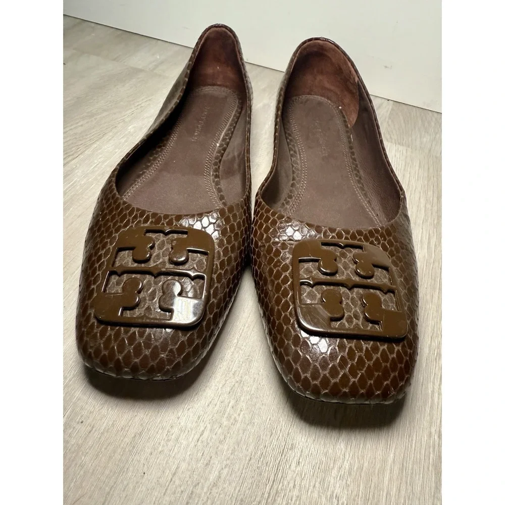 Tory Burch Brown Snake Embossed Leather Logo Medallion Ballet‎ Flats Womens 5.5